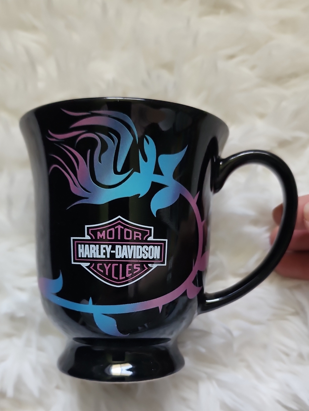 Harley-Davidson Black Mug with Blue-Pink Iridescent Flame Design